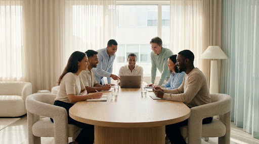A clean, professional and warm photograph of a diverse group of people collaborating around a table in a modern, soft-lit office.